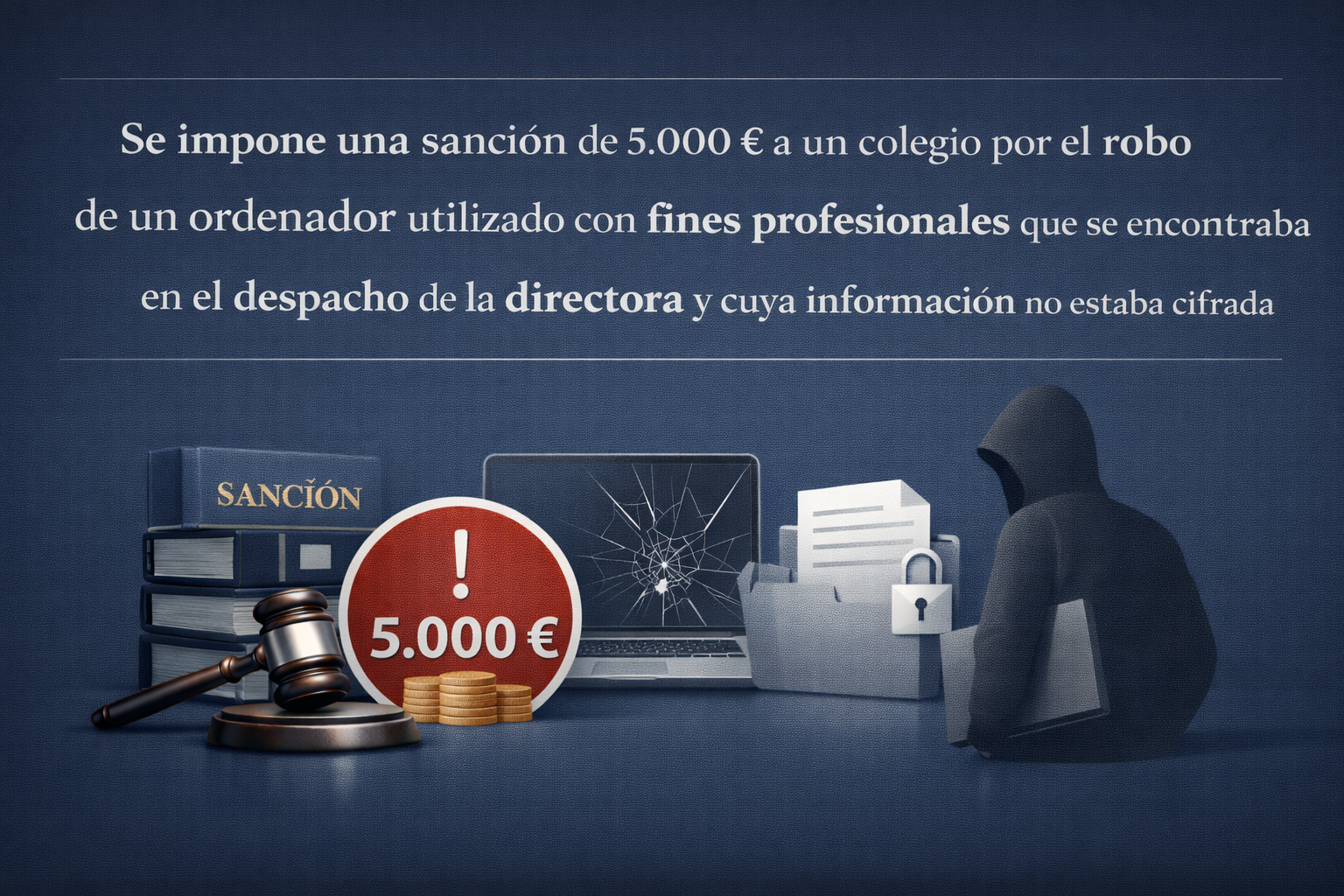 8. Se impone una sanción de 5.000 € a un colegio por el robo de un ordenador utilizado con fines profesionales que se encontraba en el despacho de la directora y cuya información no estaba cifrada