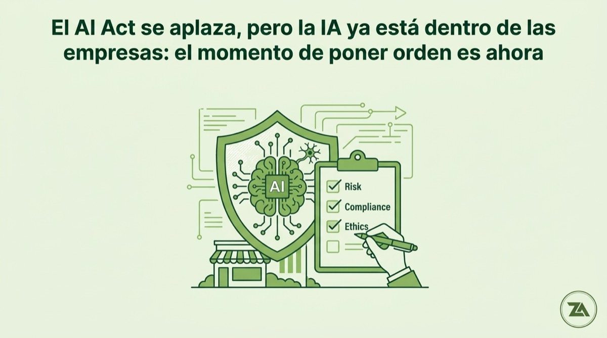 Ilustración AI Act: escudo con IA y checklist de riesgo, cumplimiento y ética